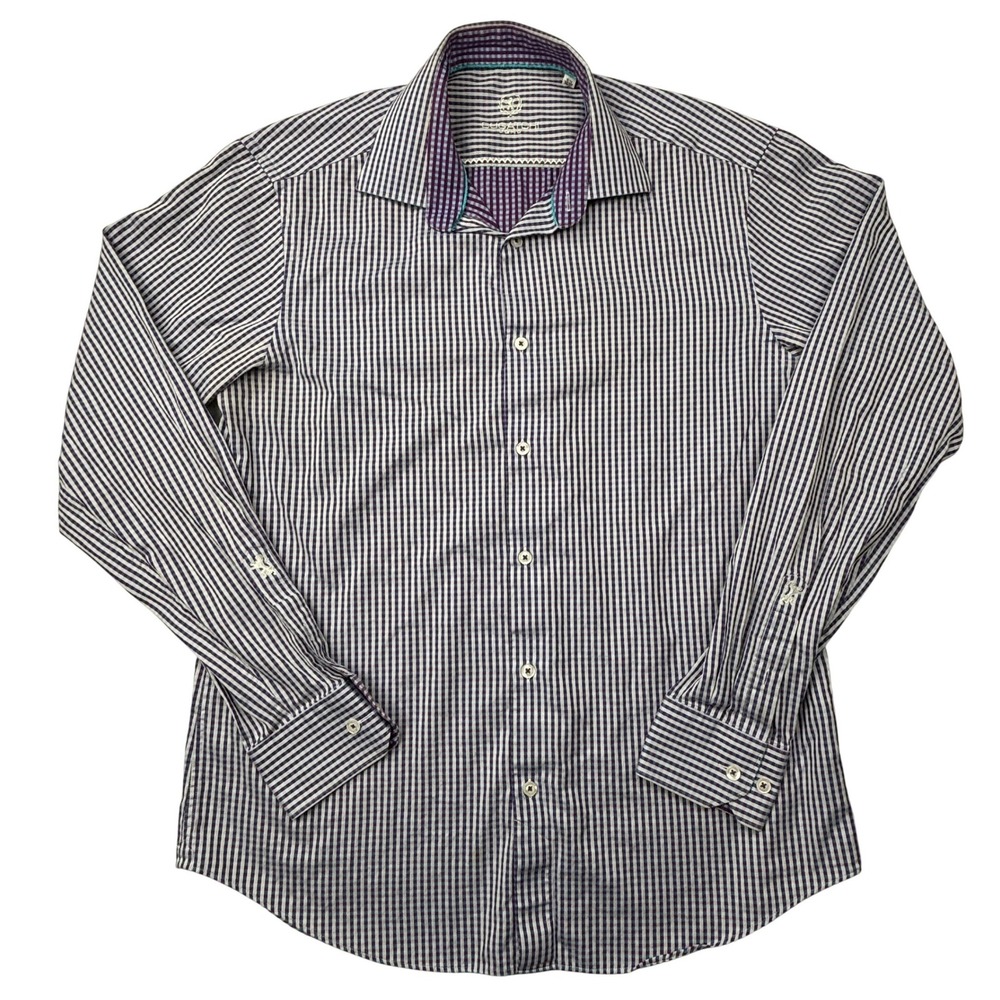 Bugatchi Uomo Mens Purple Blue Gingham Check Cotton Button Down Shirt 16.5 36/37
